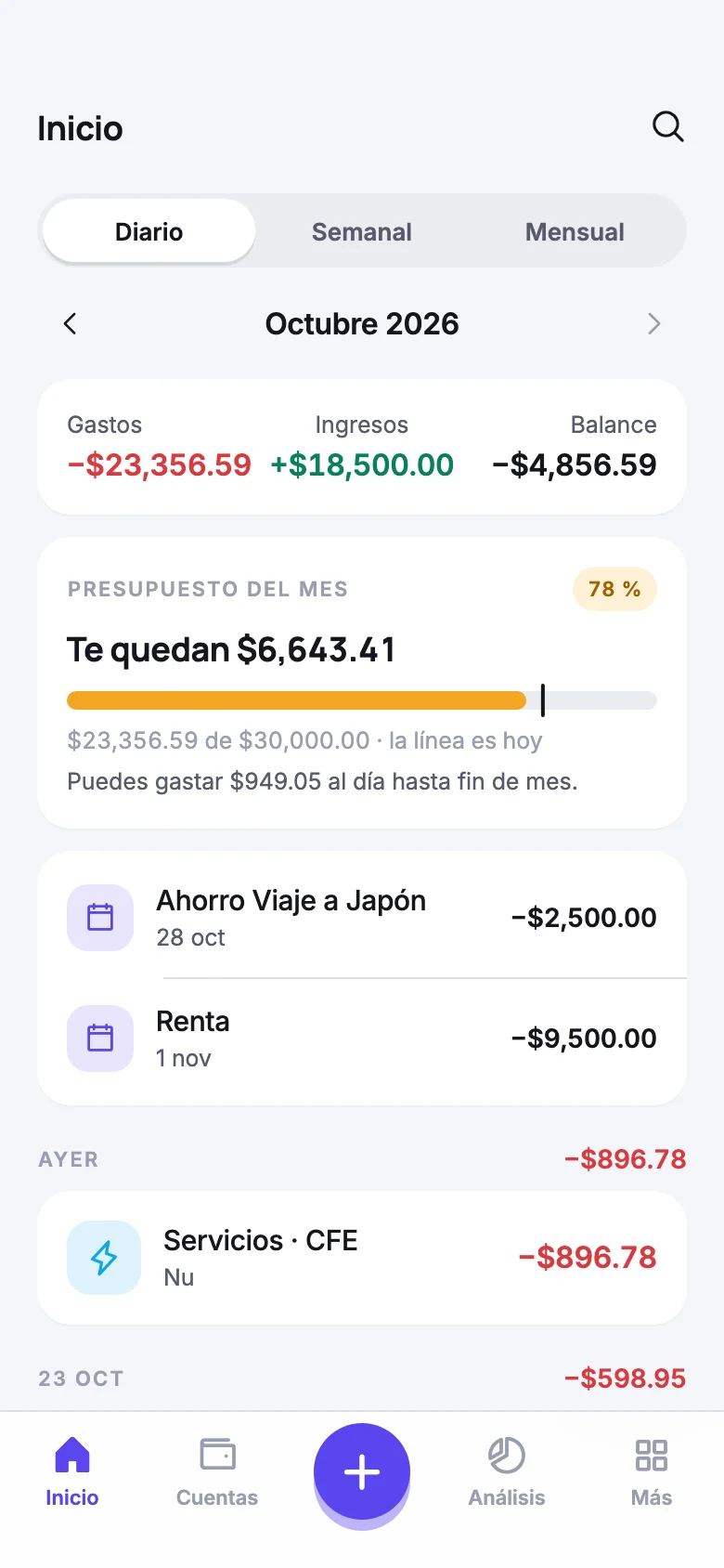 Pantalla de inicio de FINA con gastos, ingresos y presupuesto del mes
