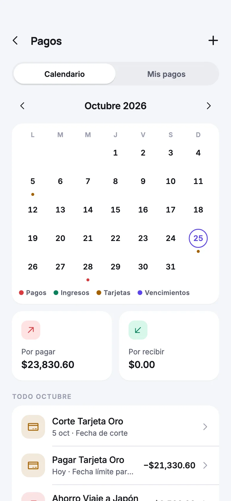 Pantalla de Pagos y suscripciones en FINA
